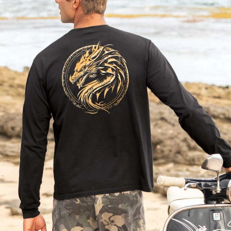 

Men's Surfing Long Sleeved Round Neck Dragon Printed T-shirt