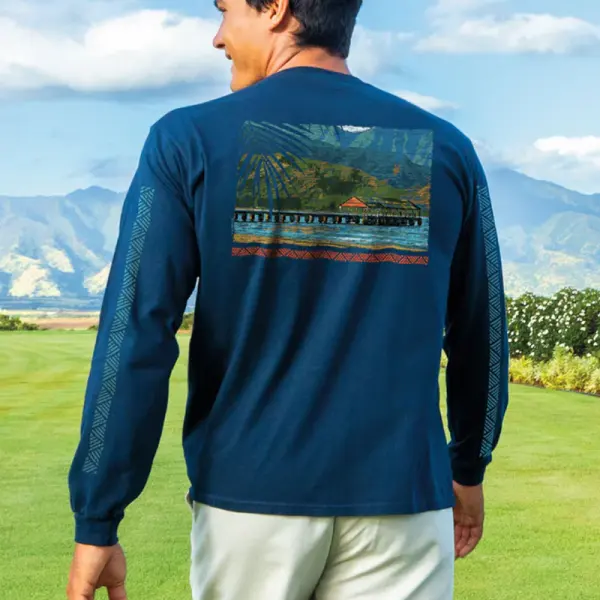 Men's Surfing Long Sleeved Round Neck Seaside Printed T-shirt - Albionstyle.com 