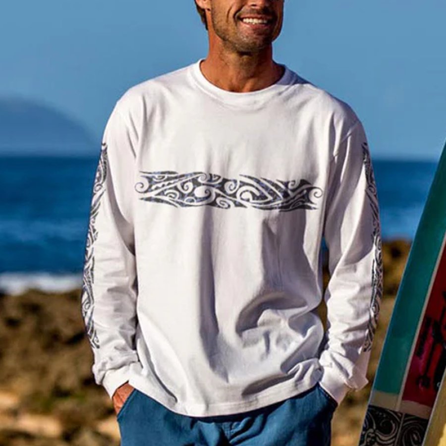 

Men's Surfing Long Sleeved Round Neck Beach Sunset Printed White T-shirt