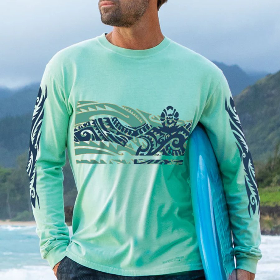 

Men's Surfing Long Sleeved Round Neck Totem Printed T-shirt