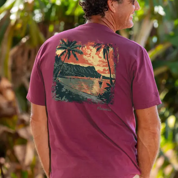 Men's Surfing Long Sleeved Round Neck Beach Sunset Printed T-shirt - Elementnice.com 
