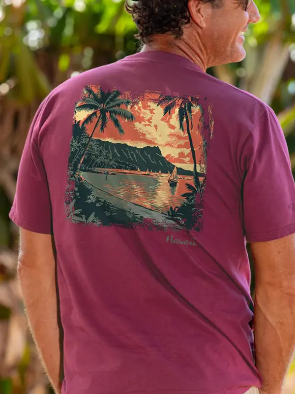 Men's Surfing Long Sleeved Round Neck Beach Sunset Printed T-shirt - Pragmaace.com 