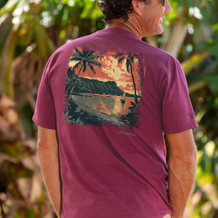 

Men's Surfing Long Sleeved Round Neck Beach Sunset Printed T-shirt