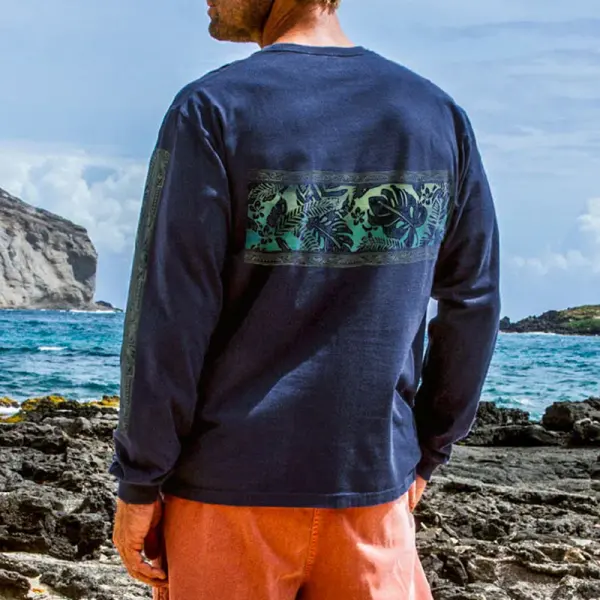 Men's Surfing Long Sleeved Round Neck Beach Totem Printed T-shirt - Albionstyle.com 
