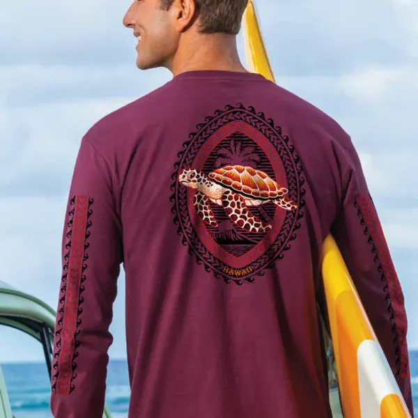 Men's Surfing Long Sleeved Round Neck Beach Sea Turtle Printed T-shirt - Albionstyle.com 