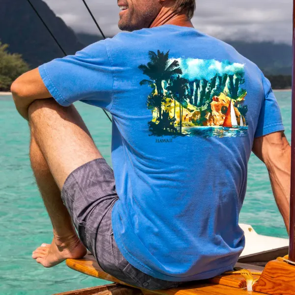 Tropical Watercolor Sail Hawaii Dyed Short Sleeve Crewneck T-Shirt - Albionstyle.com 