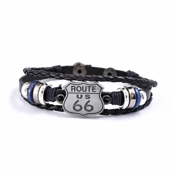 Route 66 Mother's Road Multilayer Leather Bracelets for Men Adjustable Length Wrist Males Jewelry 