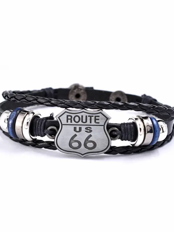 Route 66 Mother's Road Multilayer Leather Bracelets for Men Adjustable Length Wrist Males Jewelry 