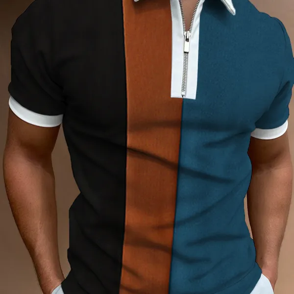 Men's Casual Style Summer Daily Stitching Zipper Design Polo Collar Short-sleeved T-shirt - Keymimi.com 