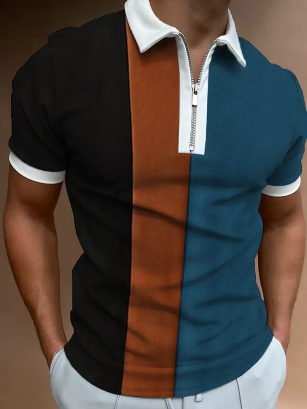 Men's Casual Style Summer Daily Stitching Zipper Design Polo Neck Short Sleeve T-shirt - Plazabery.chimpone.com 
