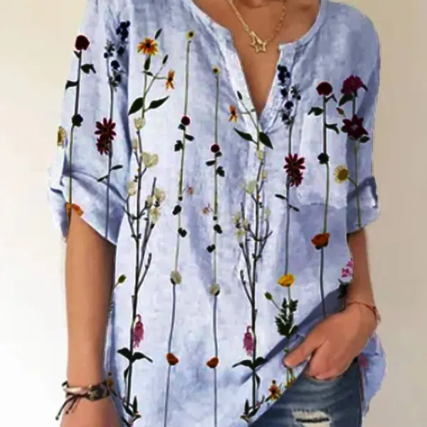 Ladies V-neck Floral Print Fashion Short-sleeved Blouse - Kalesafe.com 