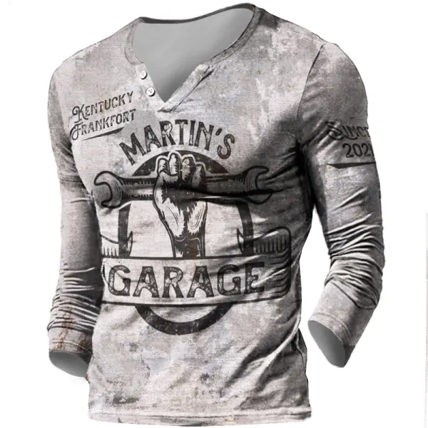 Garage Man Cave Printed Long Sleeved Henley - Kalesafe.com 