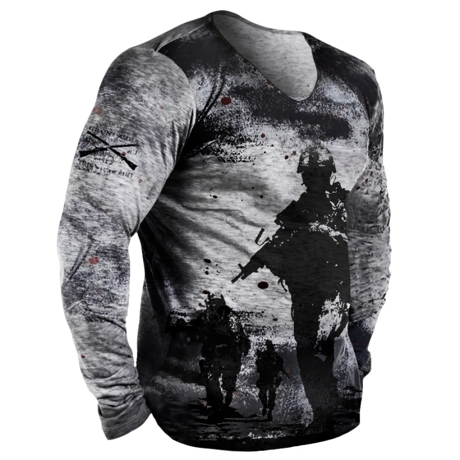 Men`s Outdoor Comfortable And Breathable Retro Soldier Print Long-sleeved T-shirt 