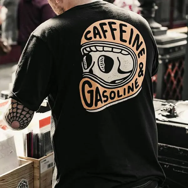 Caffeine & Gasoline Skull Print Black T-shirt - Faciway.com 