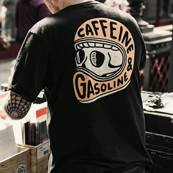 Caffeine & Gasoline Skull Print Black T-shirt - Ootdyouth.com 