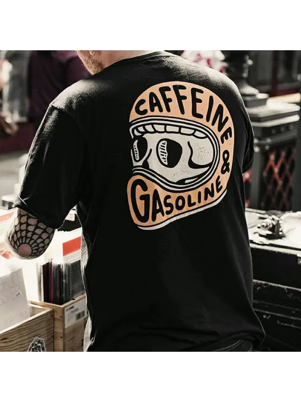 Caffeine & Gasoline Skull Print Black T-shirt - Timetomy.com 