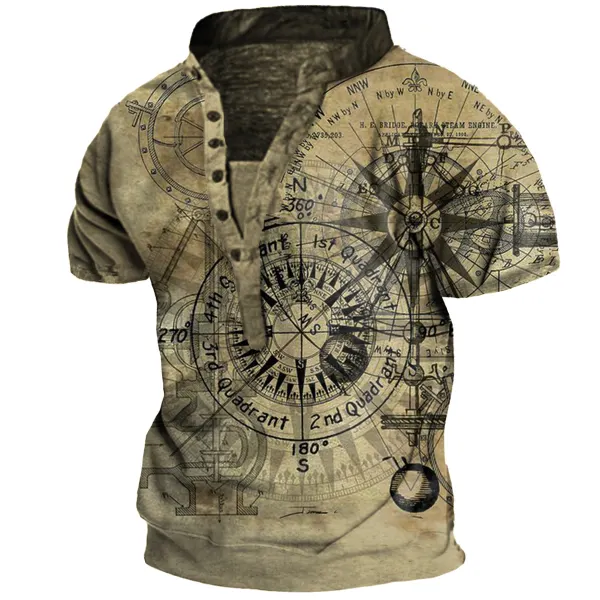 Men's Outdoor Vintage Nautical Compass Print Henley Shirt - Elementnice.com 