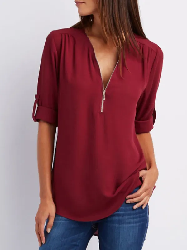 V Neck Zipper Patchwork Plain Blouses - Oasisjoy.com 