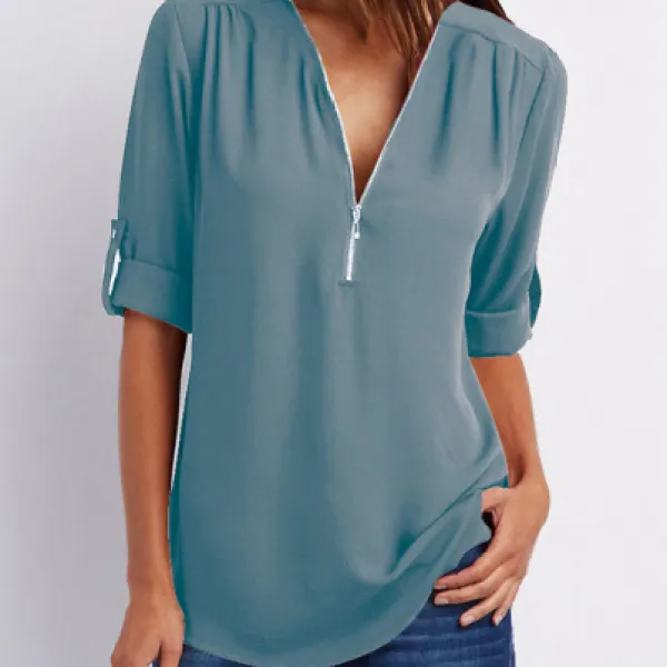 V Neck Zipper Patchwork Plain Blouses - Kalesafe.com 