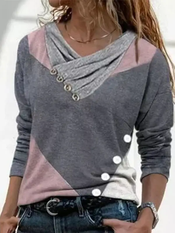 Colorblock Fashion Print Lapel Long Sleeve Casual T-shirt - Oasisjoy.com 