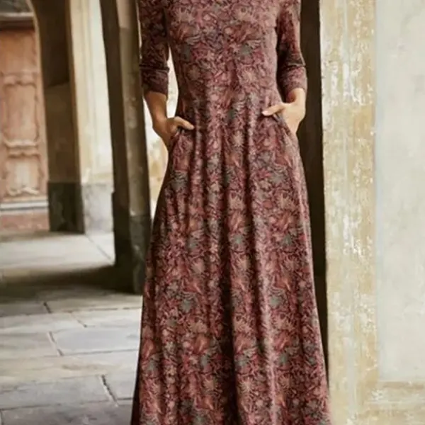 V-neck Cotton Print Pocket Long Dress - Kalesafe.com 