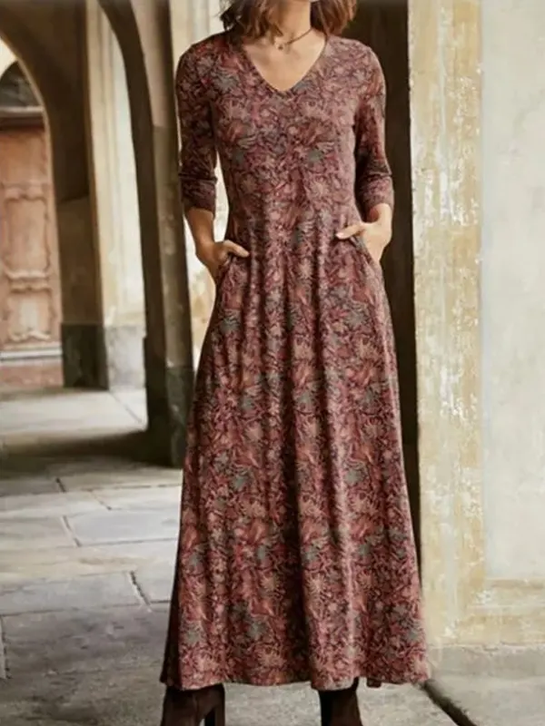 V-neck Cotton Print Pocket Long Dress - Oasisjoy.com 