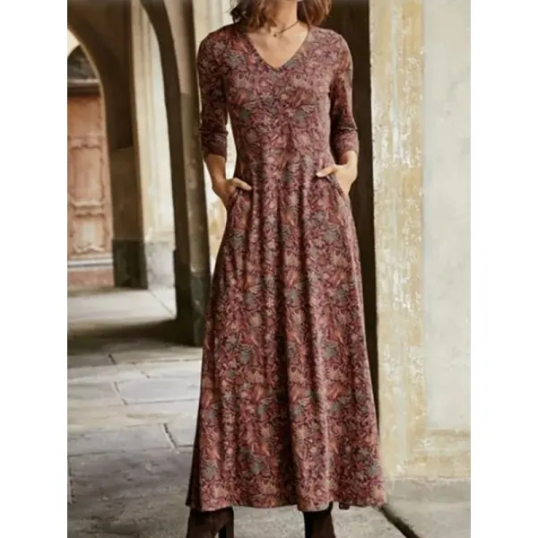 V-neck Cotton Print Pocket Long Dress - Honeylop.chimpone.com 
