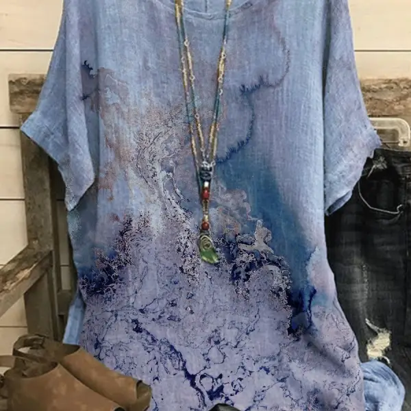 Ocean Bronzing Print Loose Short-sleeved Blouse - Kalesafe.com 