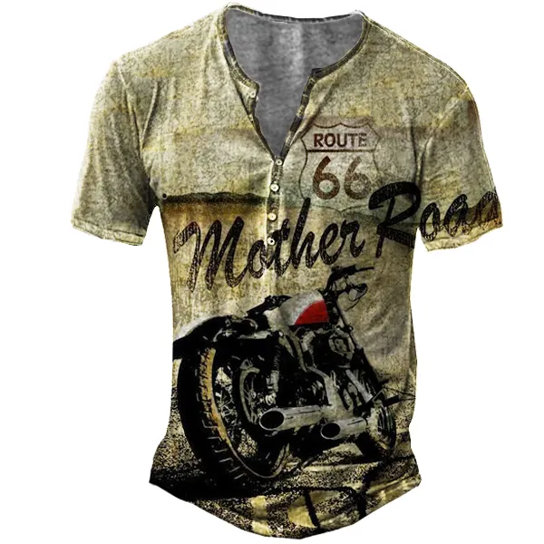 Men's Route 66 Motorcycle Print Henley Short Sleeve T-Shirt - Manlyhost.com 