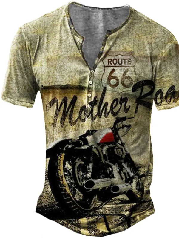 Men's Route 66 Motorcycle Print Henley Short Sleeve T-Shirt - Pragmaace.com 