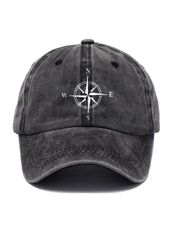 Men's Compass Print Washed Cotton Peaked Cap - Anrider.com 