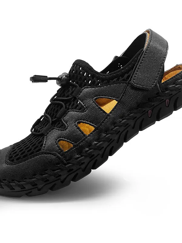 Real Cowhide Slippers Outdoor Mesh Fork Leather Sandals - Pragmaace.com 
