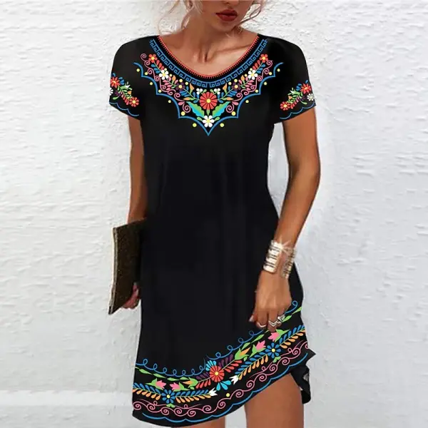 Women's Bohemian Print Short Sleeve Dress - Elementnice.com 