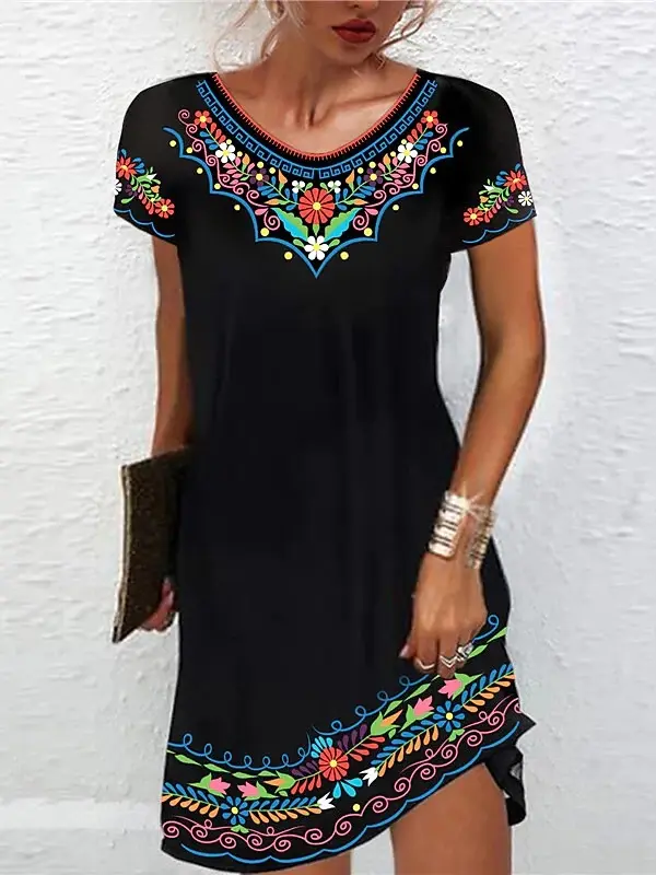 Women's Bohemian Print Short Sleeve Dress - Simplyion.com 