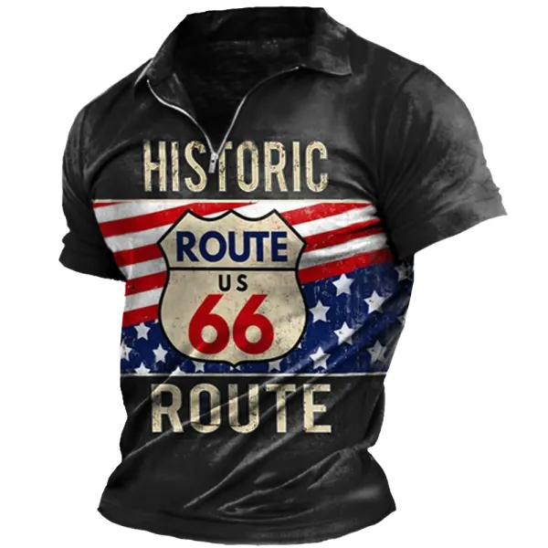 Men's Vintage America Route 66 Print Zip Neck T-Shirt - Fineesa.chimpone.com 