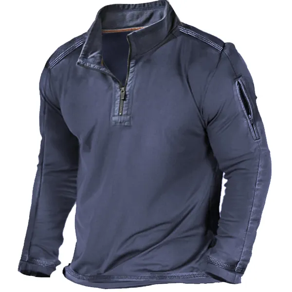 Men's Outdoor Zipper Pocket Half Zip Collar Tactical Long Sleeve T-Shirt - Cotosen.com 