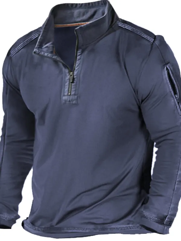 Men's Outdoor Zipper Pocket Half Zip Collar Tactical Long Sleeve T-Shirt - Menwyx.com 