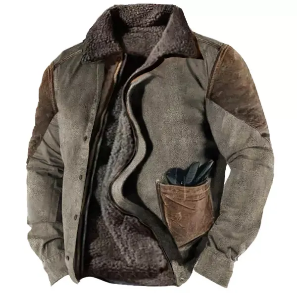 Men's Vintage Contrast Panel Deerskin Lining Plus Fleece Jacket - Menzfolk.com 