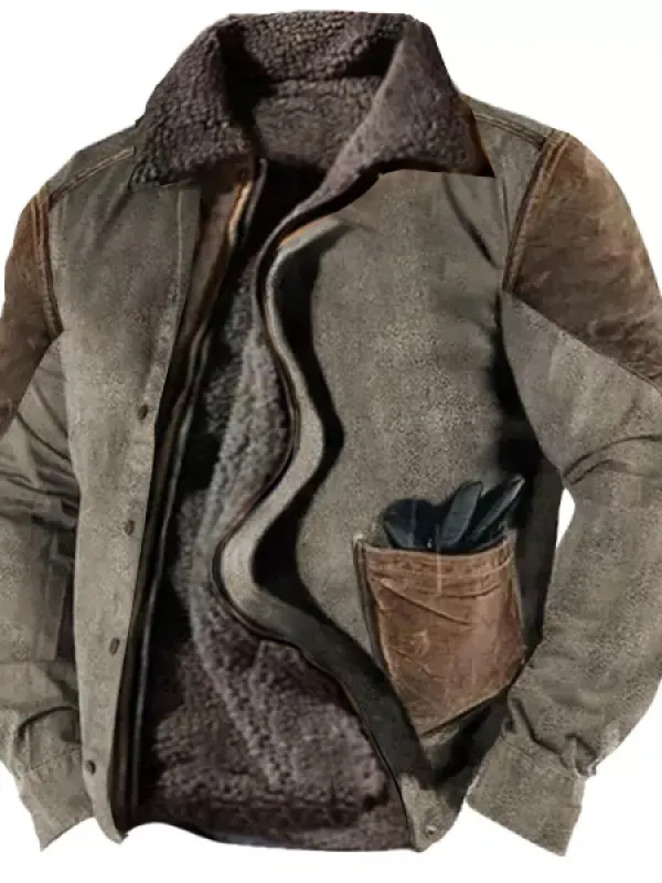 Men's Vintage Contrast Panel Deerskin Lining Plus Fleece Jacket - Pragmaace.com 