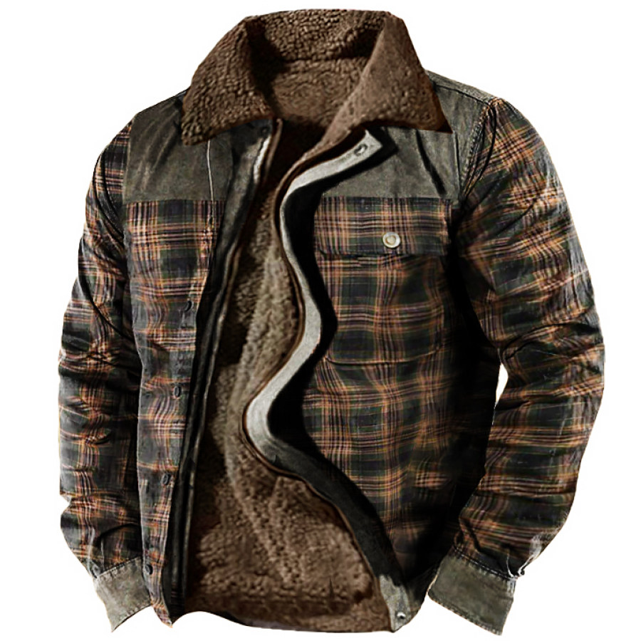 

Men's Retro Check Pattern Stitching Fleece Warm Wanderer Jacket