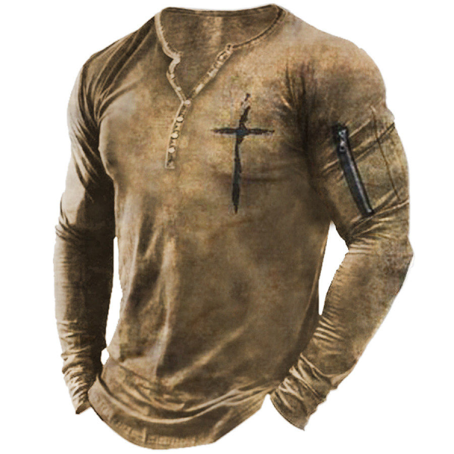

Men's Vintage Cross Print Pocket Henley Collar T-Shirt