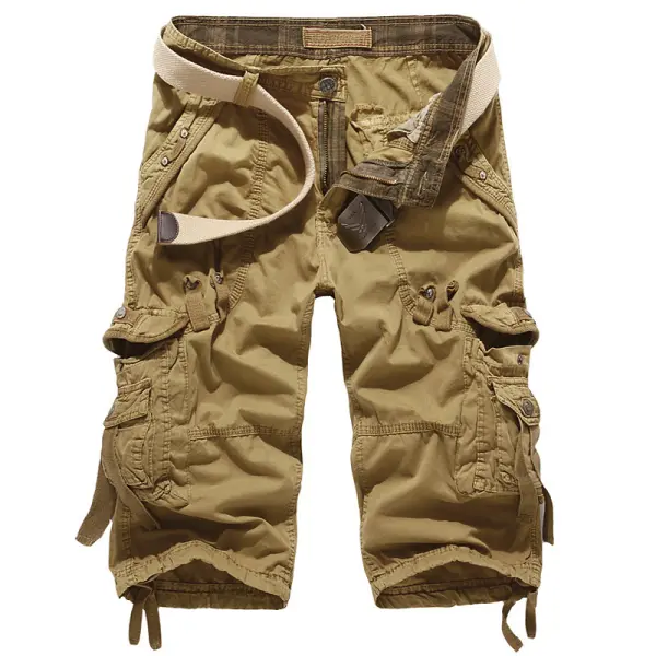 Men's Vintage Washed Cotton Multi-Pocket Cargo Cropped Shorts - Kalesafe.com 