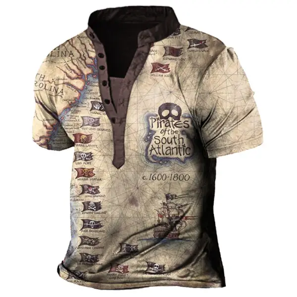 Plus Size Men's Vintage Pirate Skull Nautical Map Print Henry T-Shirt - Cotosen.com