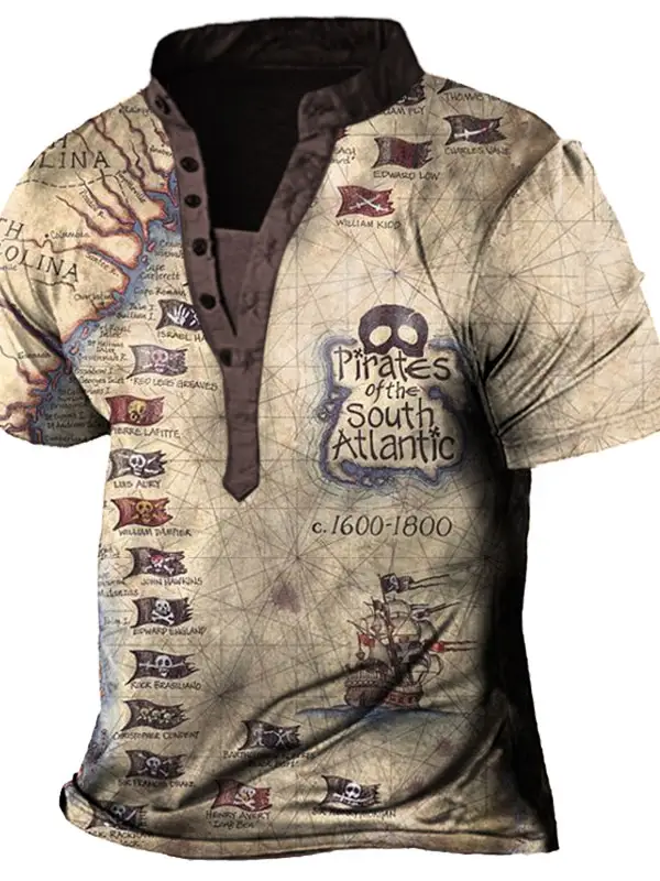 Plus Size Men's Vintage Pirate Skull Nautical Map Print Henry T-Shirt - Pragmaace.com 
