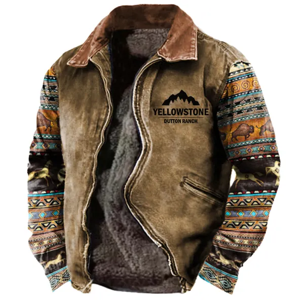 Men's Vintage Western Yellowstone Printed Fleece Warm Jacket - Wayrates.com 