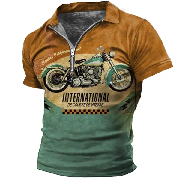 Men's Vintage Motorcycle Contrast Print Zipper T-Shirt Only $27.89 - Wayrates.com 
