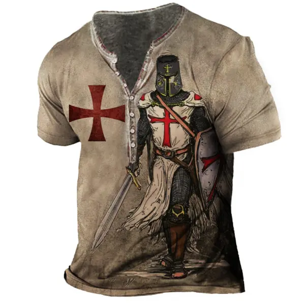 Plus Size Men's Vintage Templar Cross Henley Collar T-Shirt - Elementnice.com 