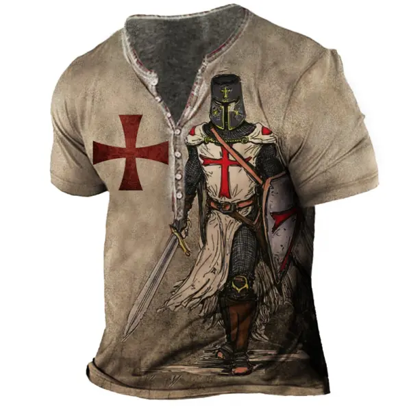 Plus Size Men's Vintage Templar Cross Henley Collar T-Shirt - Rabclub.com 