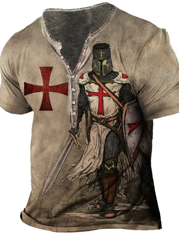 Plus Size Men's Vintage Templar Cross Henley Collar T-Shirt - Menbarn.com 