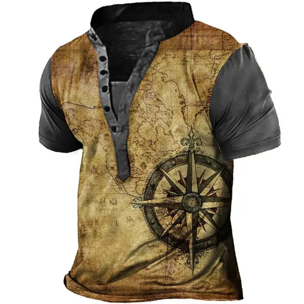 Plus Size Men's Vintage World Map Compass Print Henley T-Shirt - Rabclub.com 